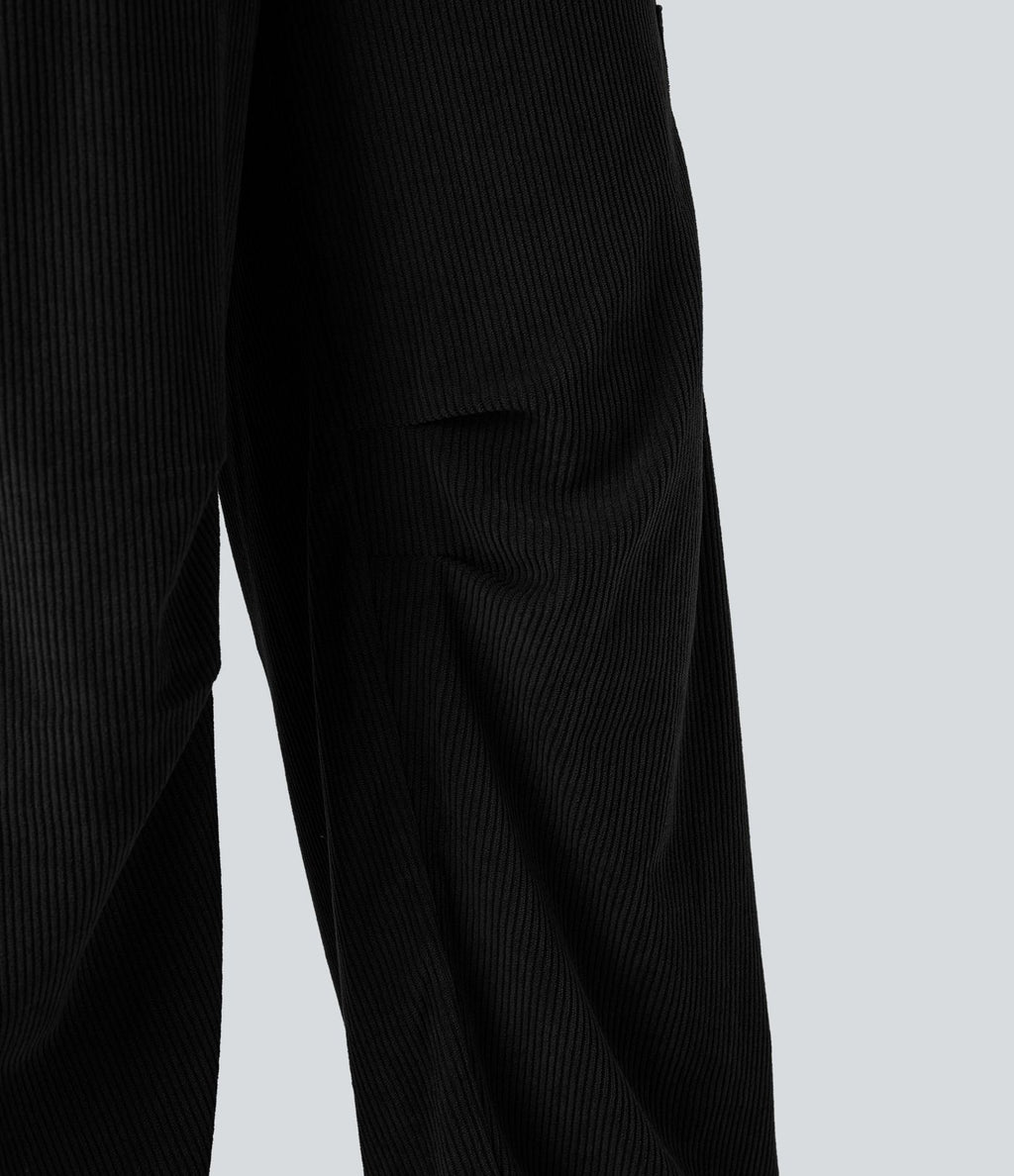 Pantalon décontracté droit en velours côtelé, taille haute, avec poches