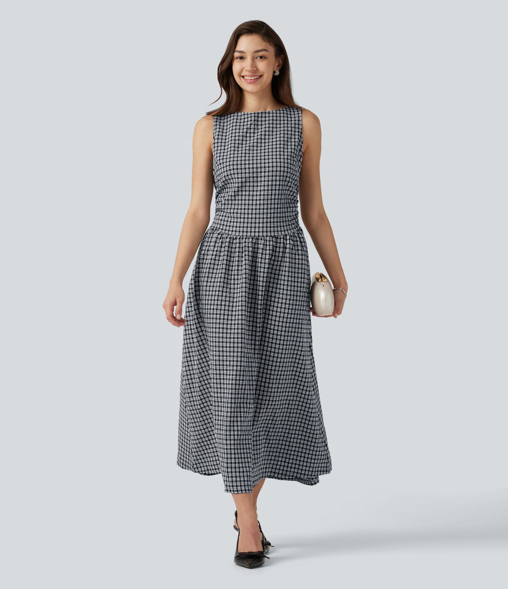 Robe midi décontractée à carreaux vichy, col bateau, sans manches, avec poches