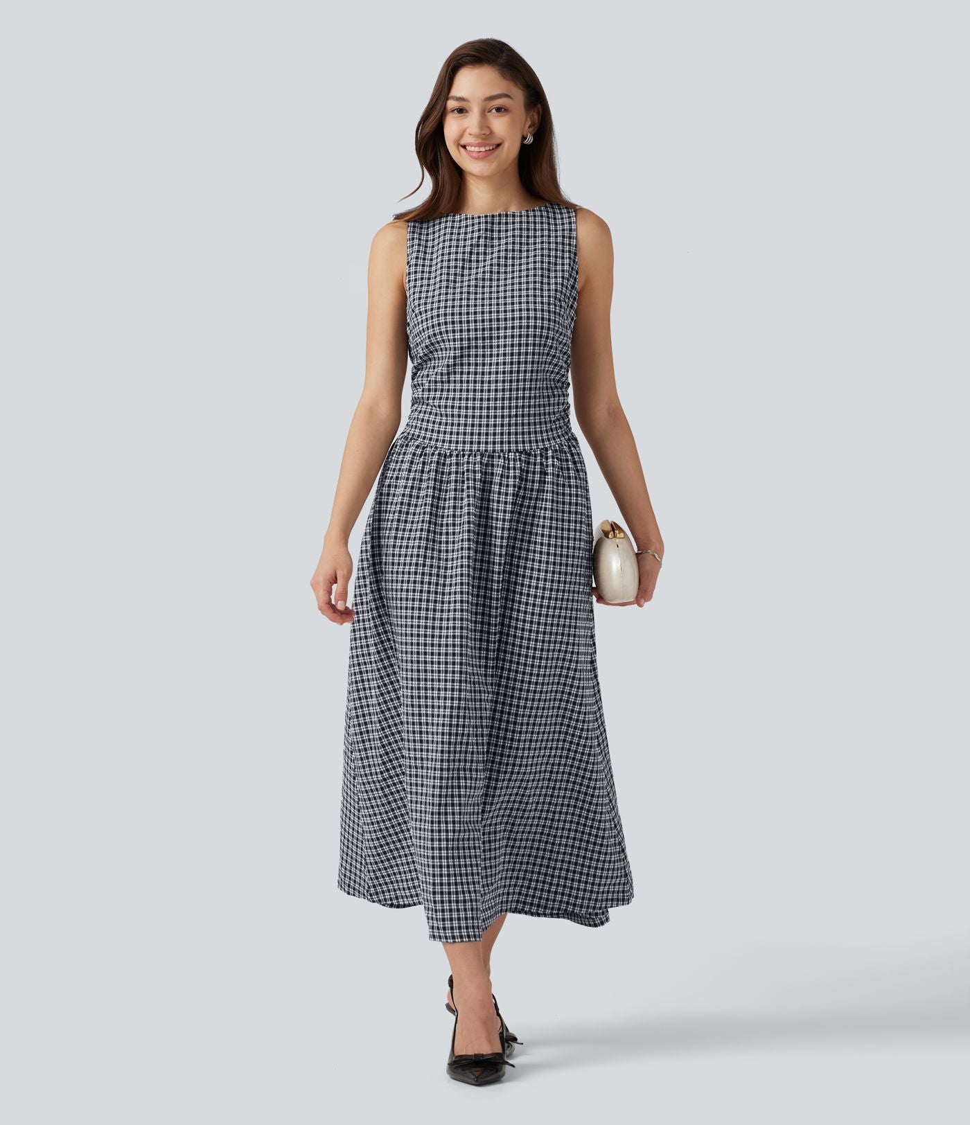 Robe midi décontractée à carreaux vichy, col bateau, sans manches, avec poches