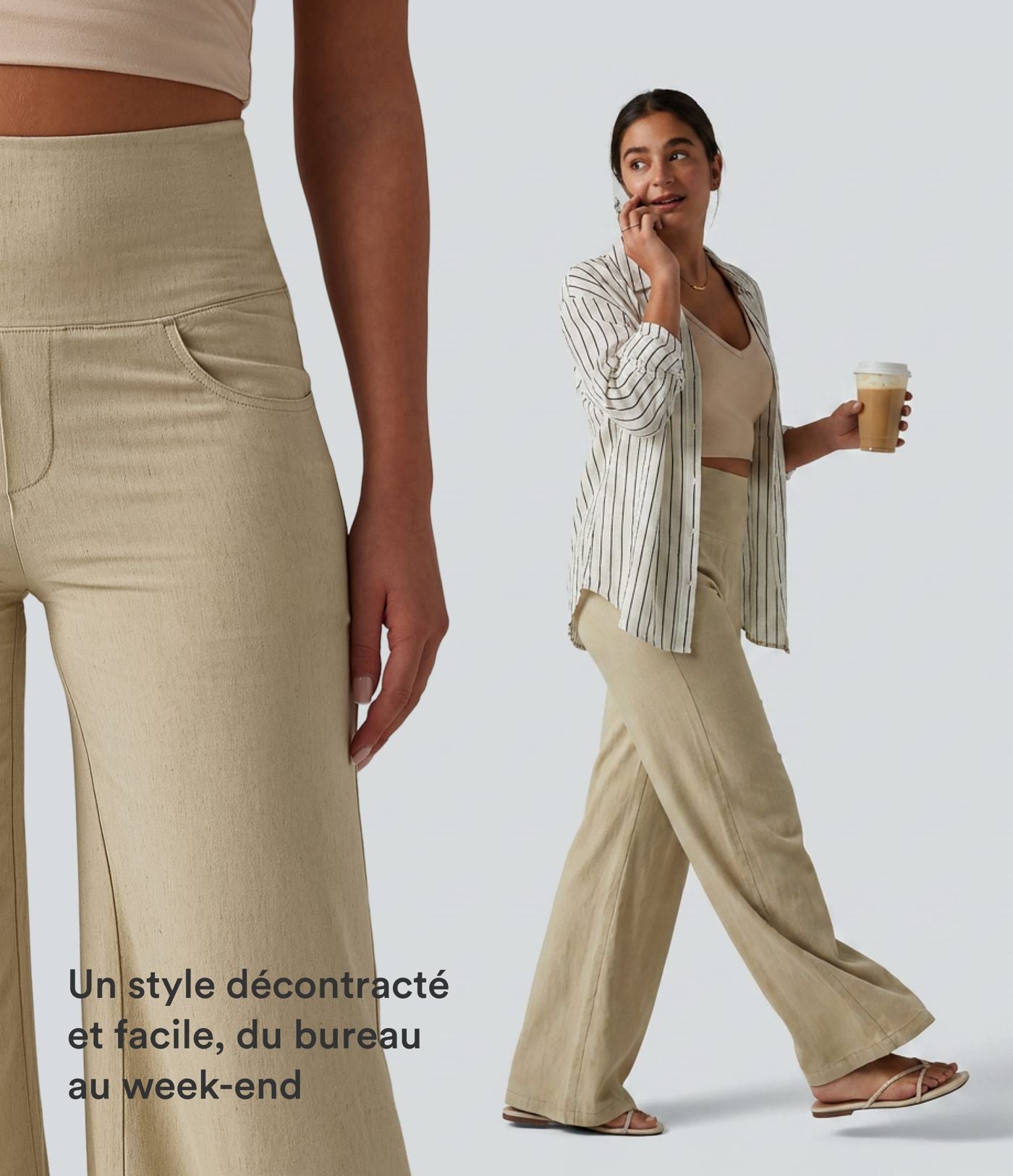 Pantalon large casual en lin stretch taille haute ventre plat avec poches