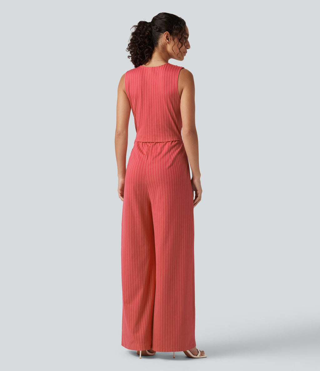 Combinaison tailleur col V sans manches à rayures et fronces avec poches - Easy Peasy