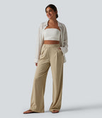 Pantalon taille haute casual en lin stretch coupe droite avec poches