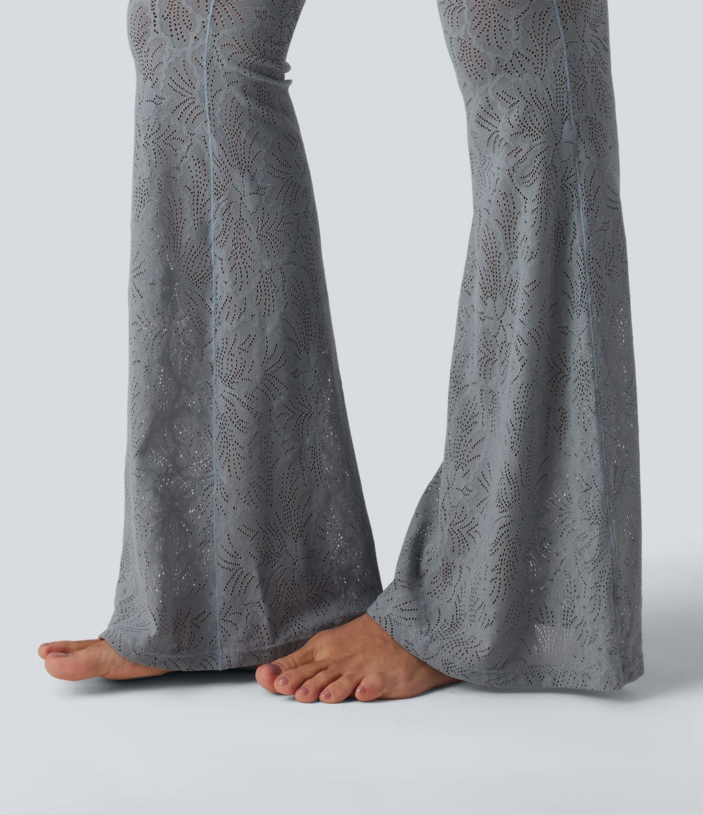 Pantalon de yoga évasé gainant taille haute avec dentelle contrastée et poche Halara UltraSculpt™
