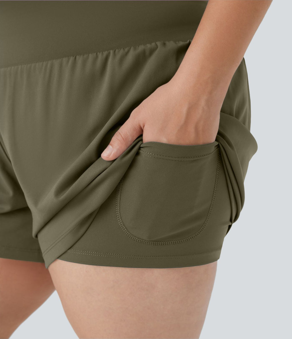 Short Yoga 10cm Plus Longue Taille Ultra Haute 2 en 1 Poche Arrière Poche Cachée Latérale Grande Taille