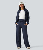 Pantalon jogging large décontracté côtelé gainant taille haute avec cordon de serrage et poches