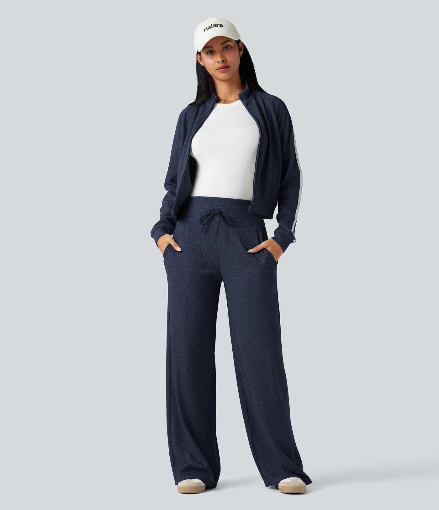 Pantalon jogging large décontracté côtelé gainant taille haute avec cordon de serrage et poches