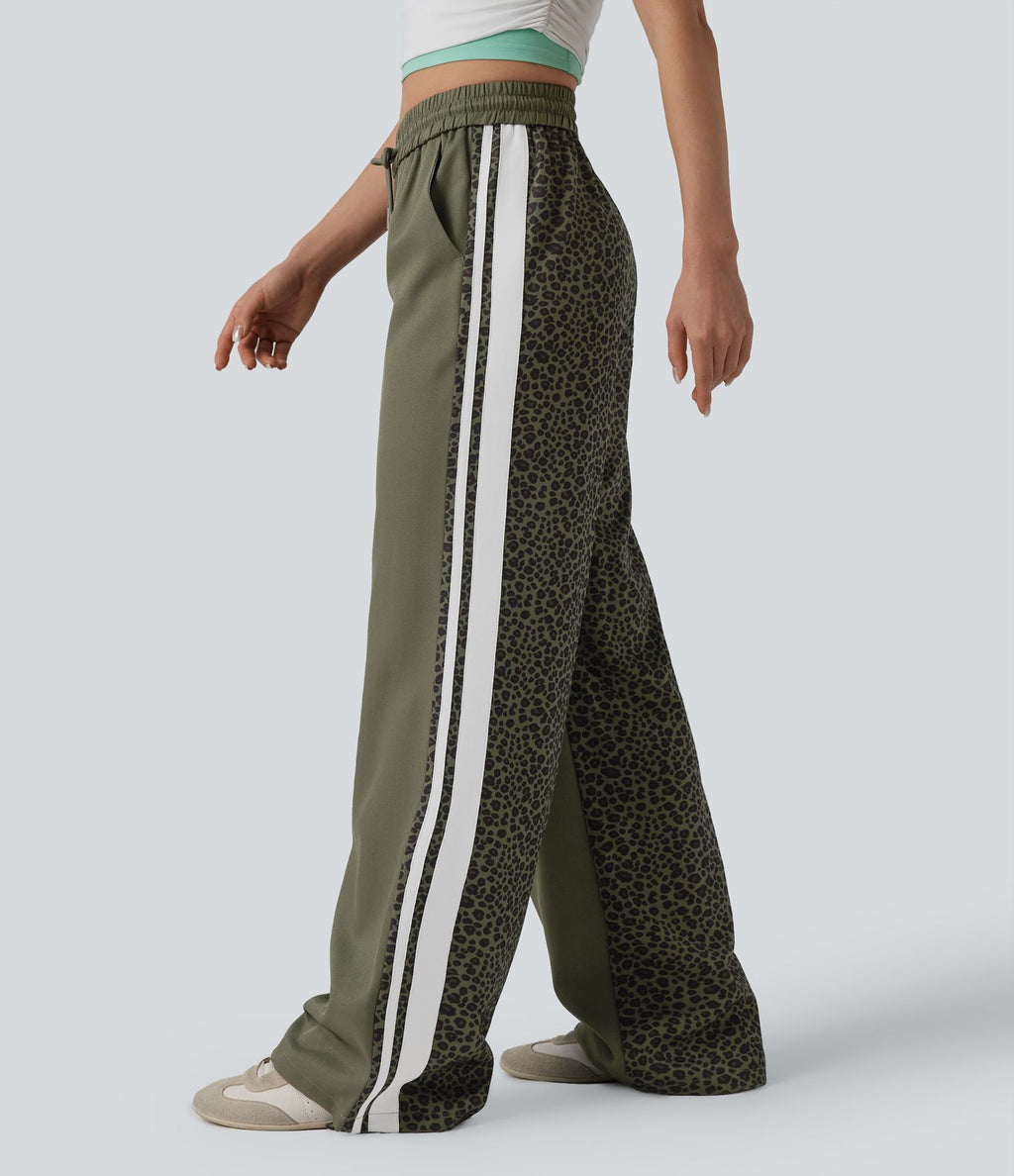 Pantalon ample décontracté taille mi-haute avec cordon de serrage color block rayures léopard contrastant avec poches