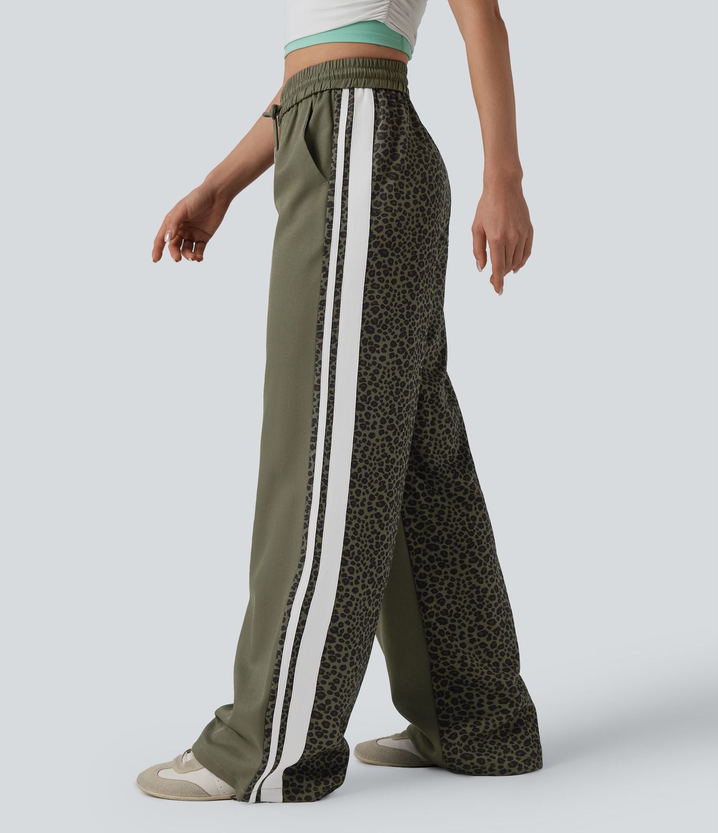 Pantalon ample décontracté taille mi-haute avec cordon de serrage color block rayures léopard contrastant avec poches