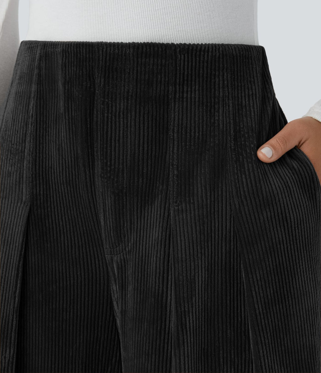 Pantalon de palazzo décontracté en velours côtelé taille haute à plis avec poches multiples