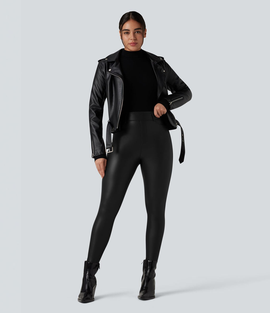 Pantalon polaire simili cuir extensible taille haute avec poches