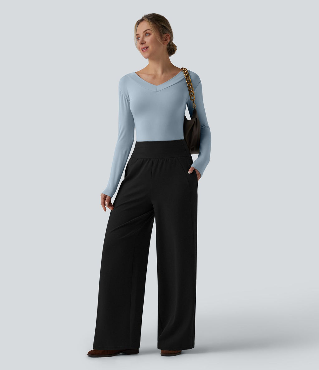 Pantalon large casual taille haute avec poches