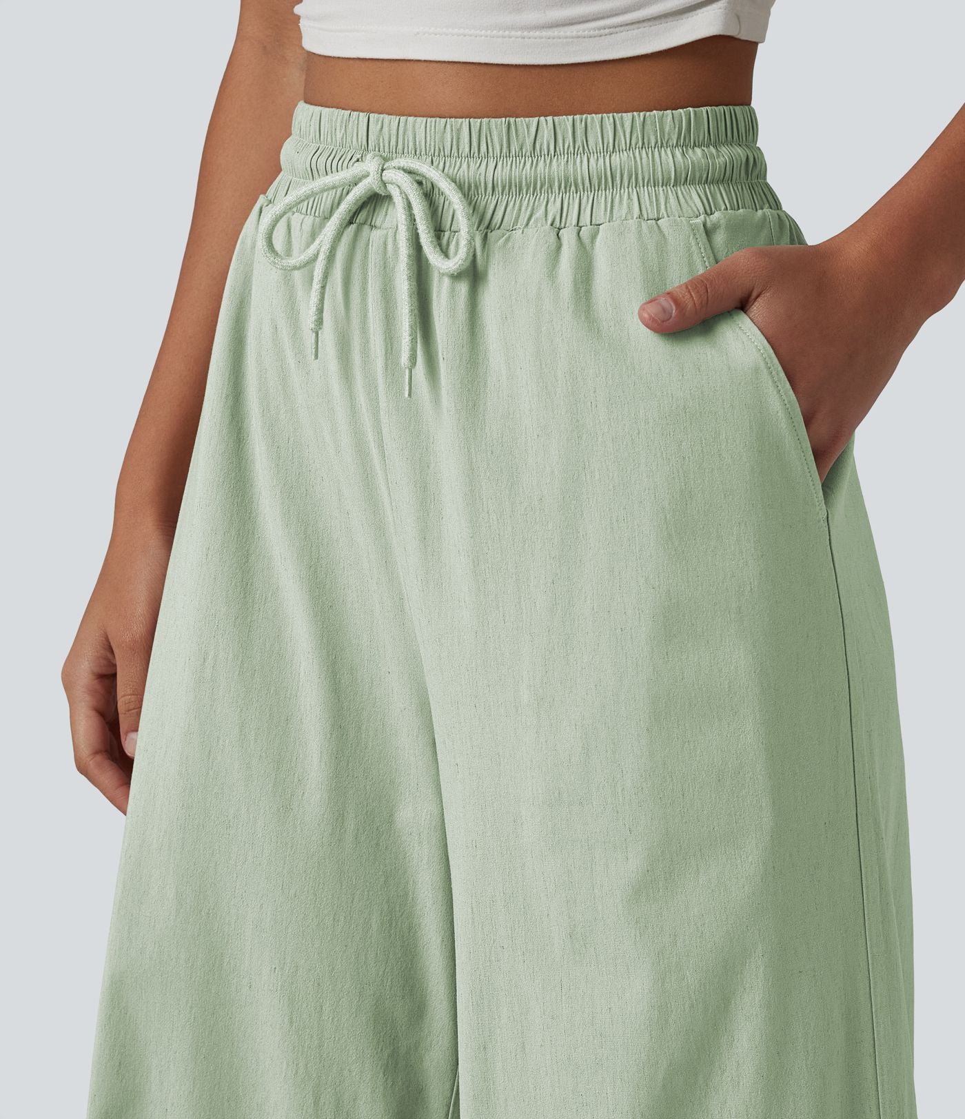 Pantalon large fluide en lin stretch taille haute avec cordon de serrage et poches