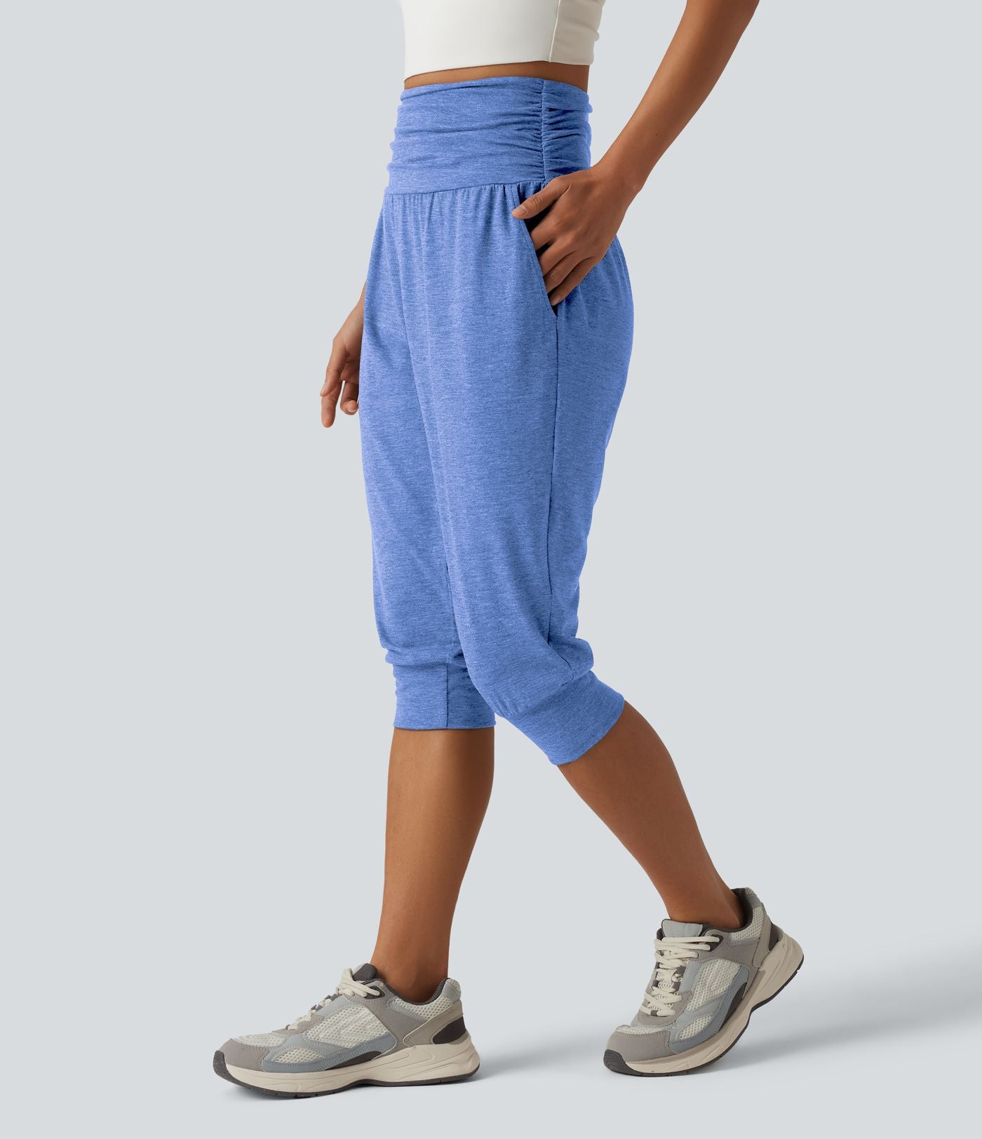 Jogging yoga corsaire chiné taille haute à fronces avec poches