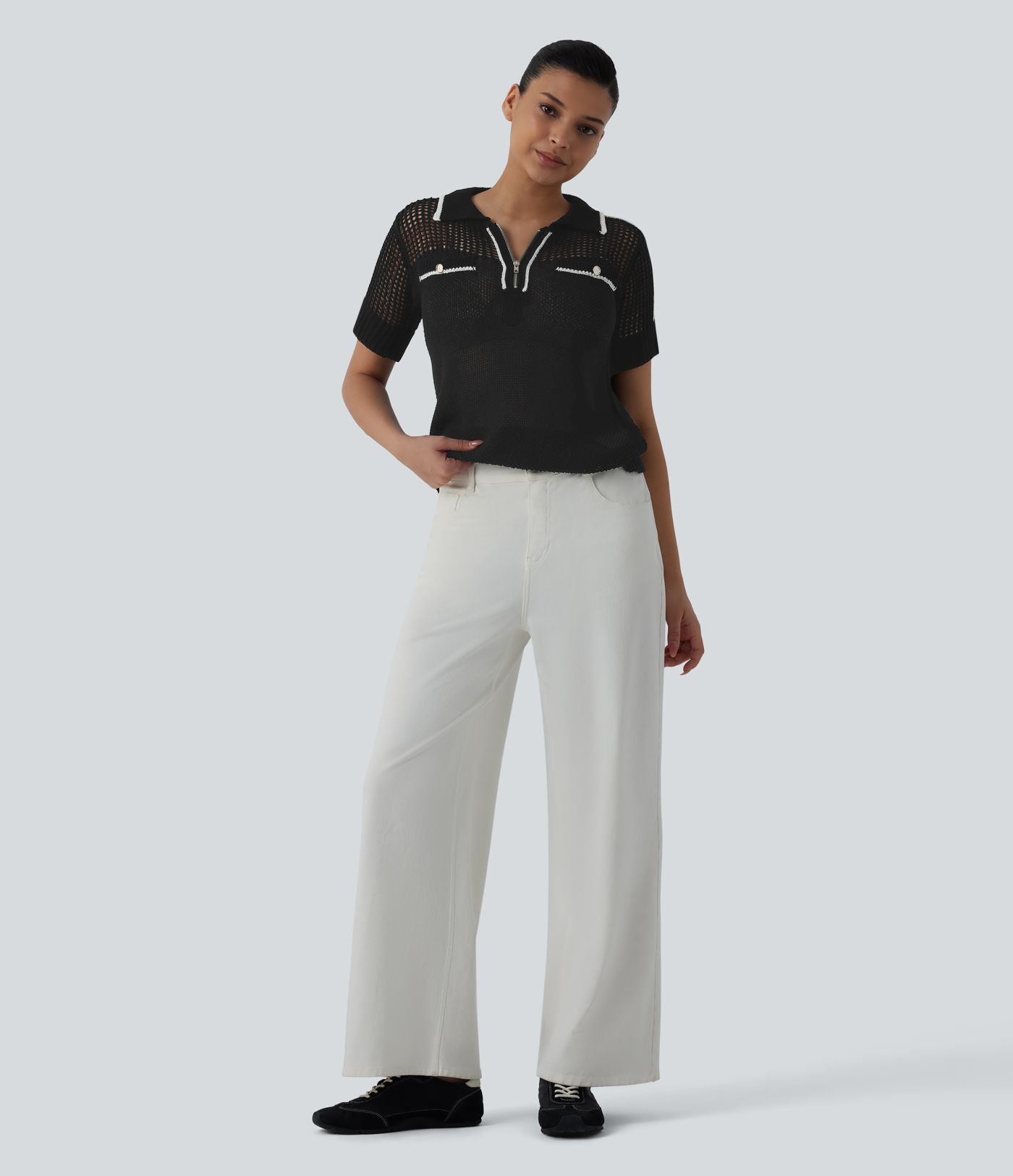 Pull casual manches courtes demi-zip découpes color block