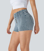 Halara Flex™ Short 5cmCasual Taille Haute en Denim Tricoté Stretch avec Boutons Décoratifs et Poches Arrière