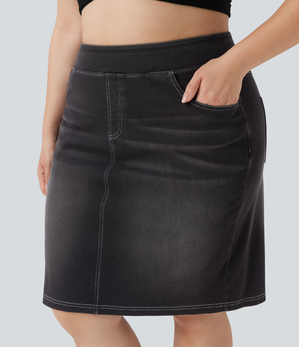 Jupe décontractée en denim délavé Halara Flex™ grande taille taille haute avec poches