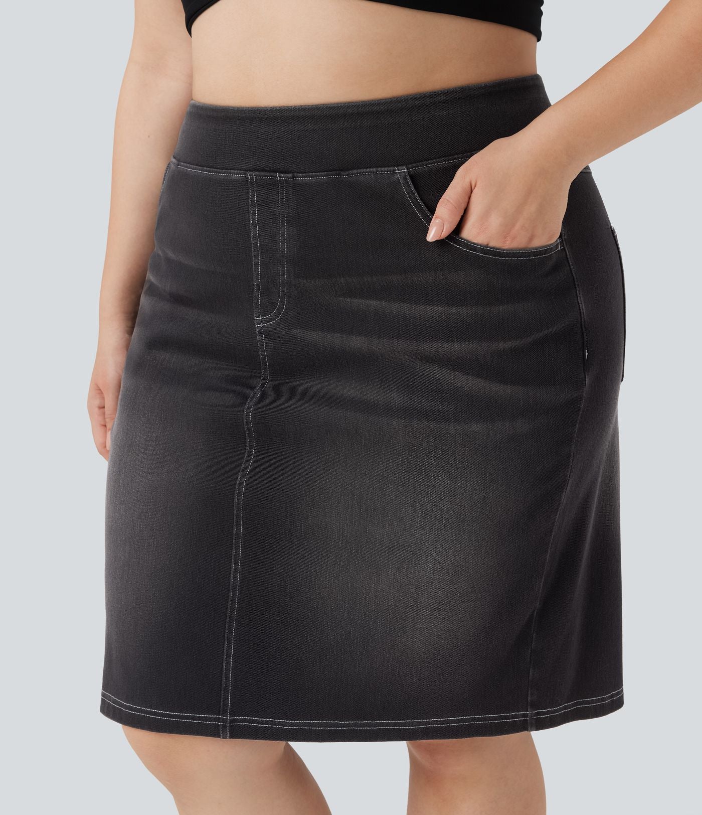 Jupe décontractée en denim délavé Halara Flex™ grande taille taille haute avec poches