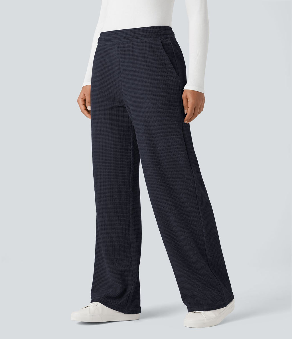 Pantalon chenille gaufré coupe droite taille mi-haute avec poches