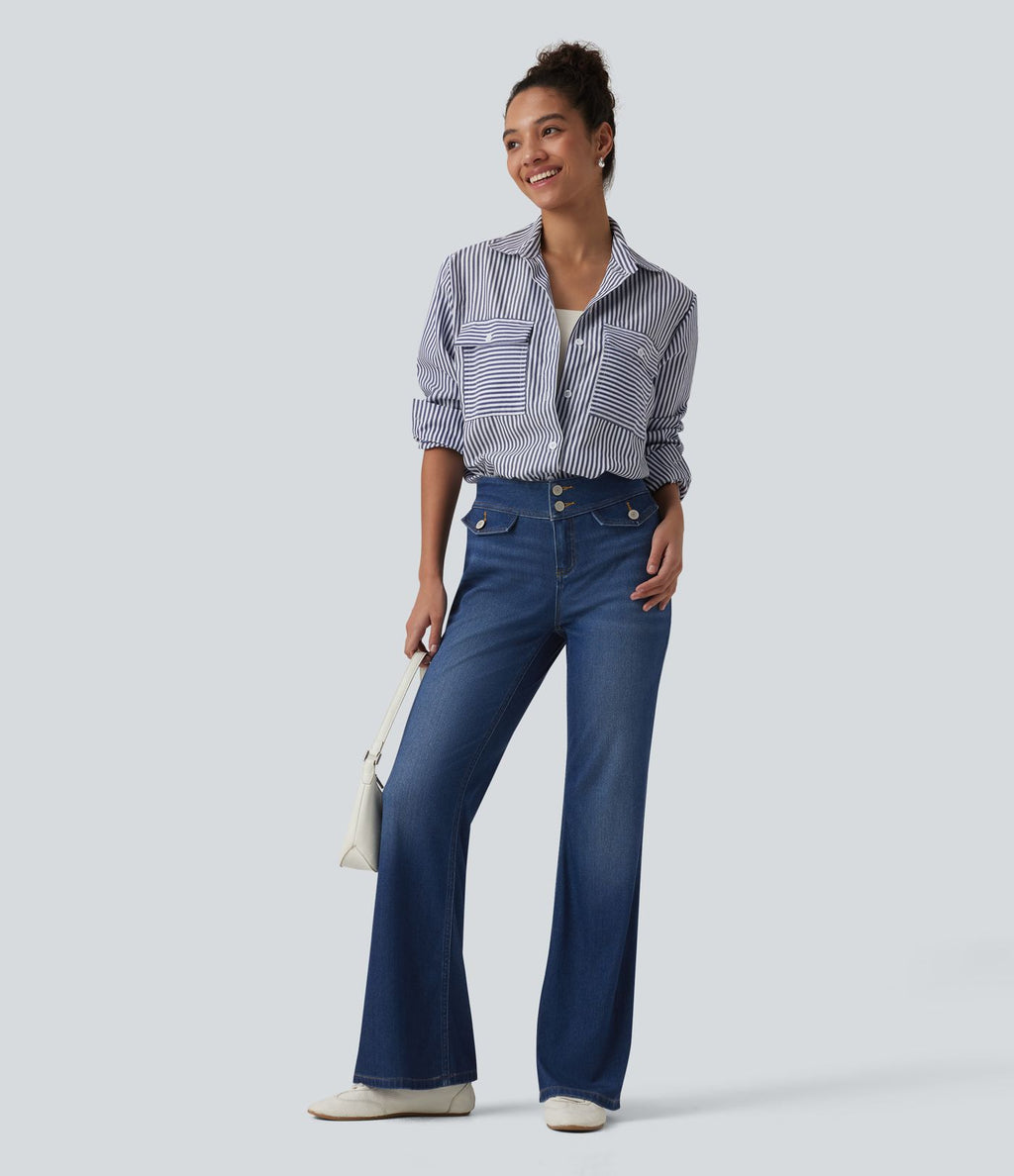 Halara Flex™ Jean évasé casual taille basse en lyocell drapé effet délavé, avec poches