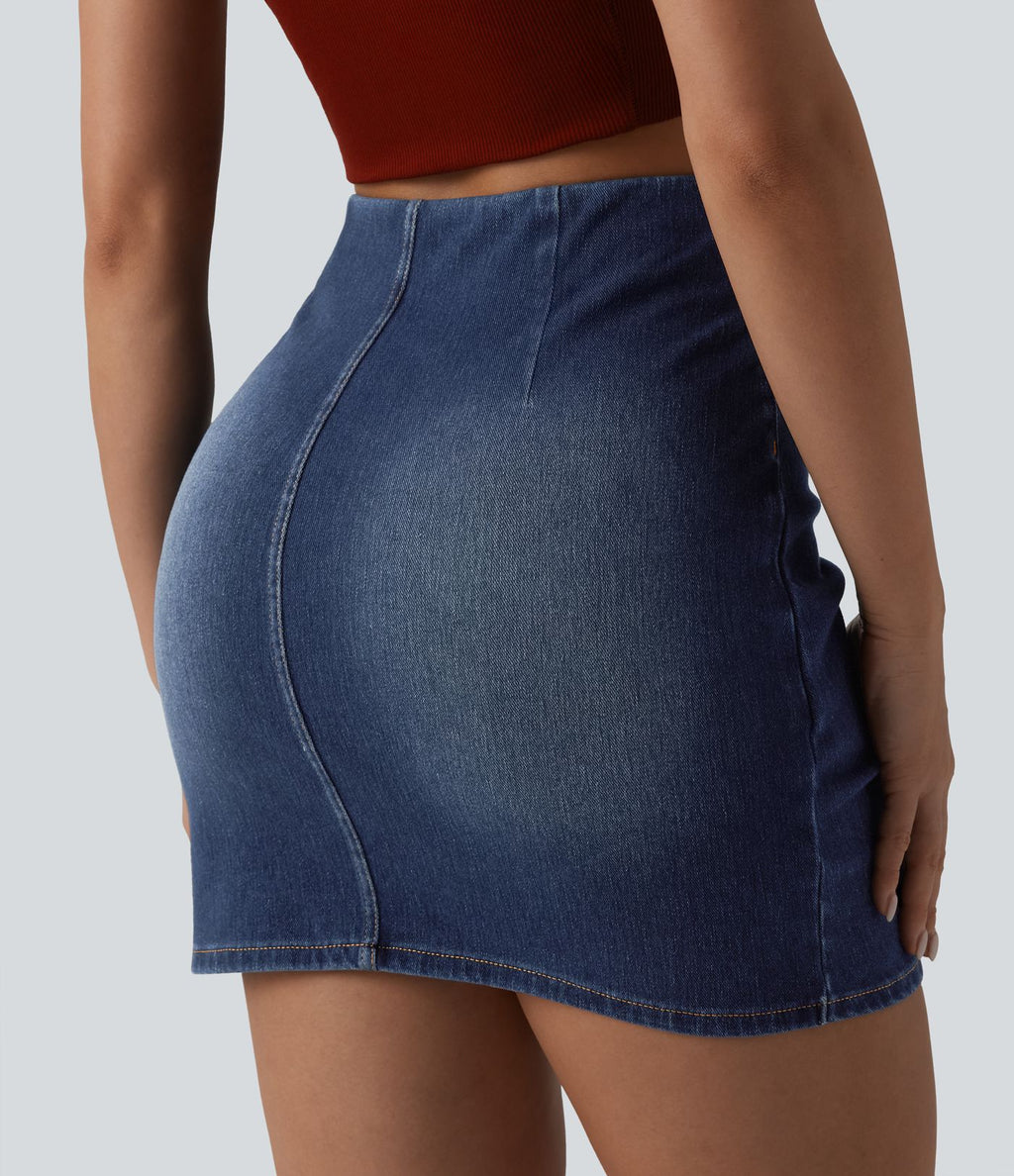 Jupe mini moulante décontractée Halara Flex™ en denim taille haute froncée ourlet croisé