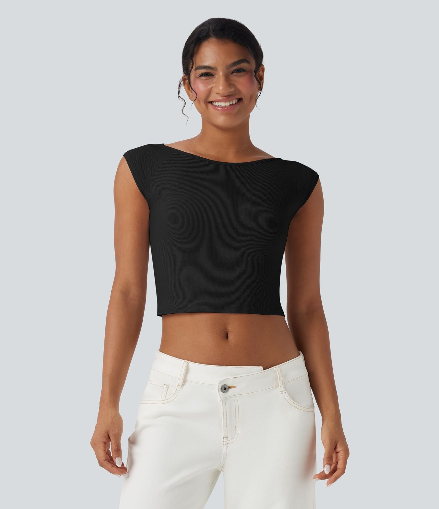 Haut casual crop tricot côtelé col bateau manches courtes
