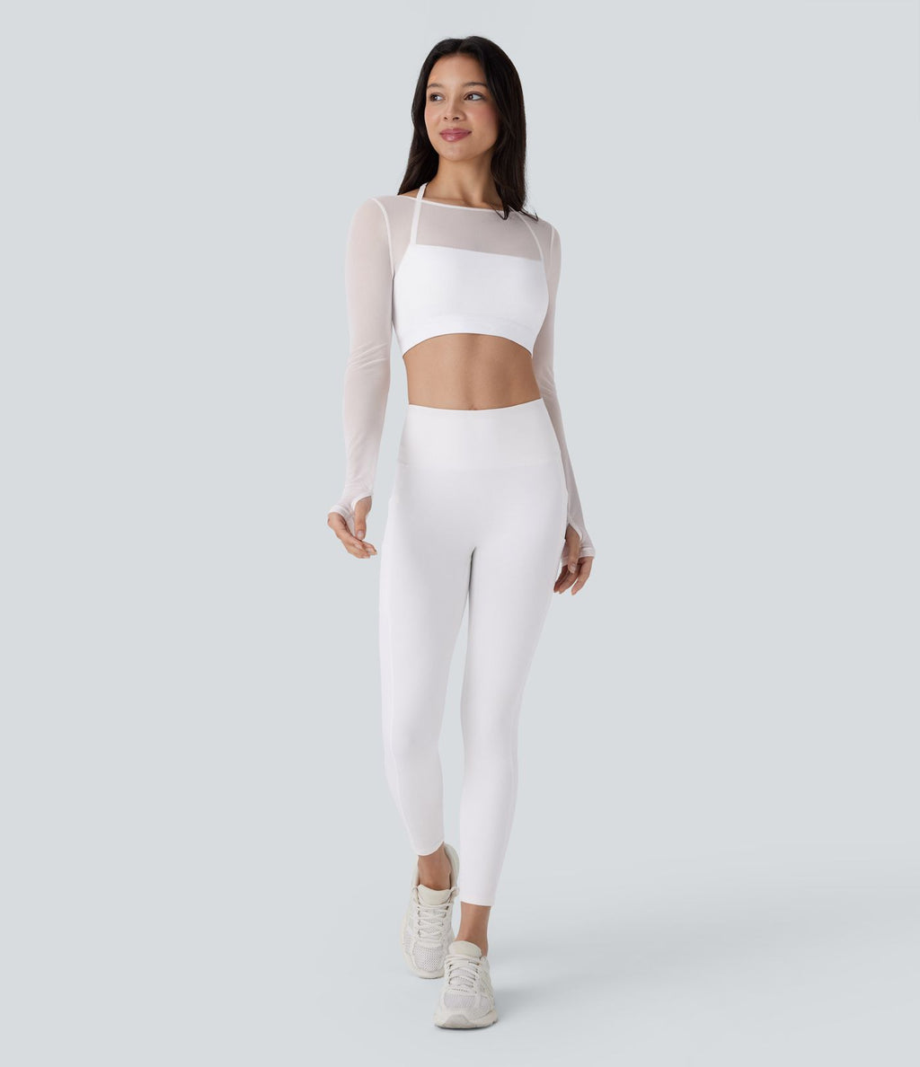 Haut de sport yoga crop top 2-en-1 avec col licou, dos nu, manches longues, passe-pouces et mesh contrastant
