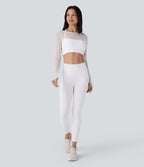 Haut de sport yoga crop top 2-en-1 avec col licou, dos nu, manches longues, passe-pouces et mesh contrastant