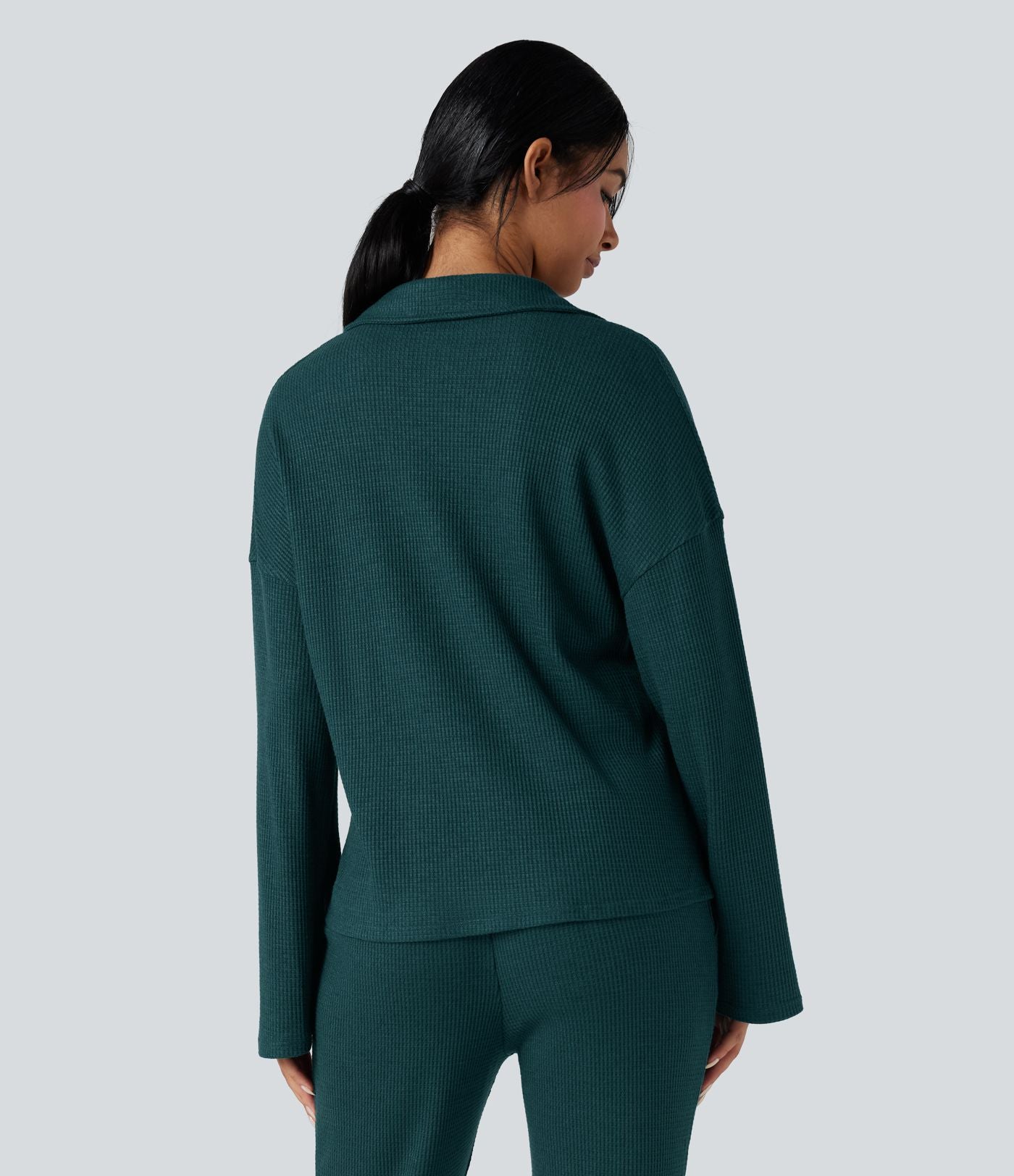 Top détente gaufré col tailleur manches longues boutonnage décontracté