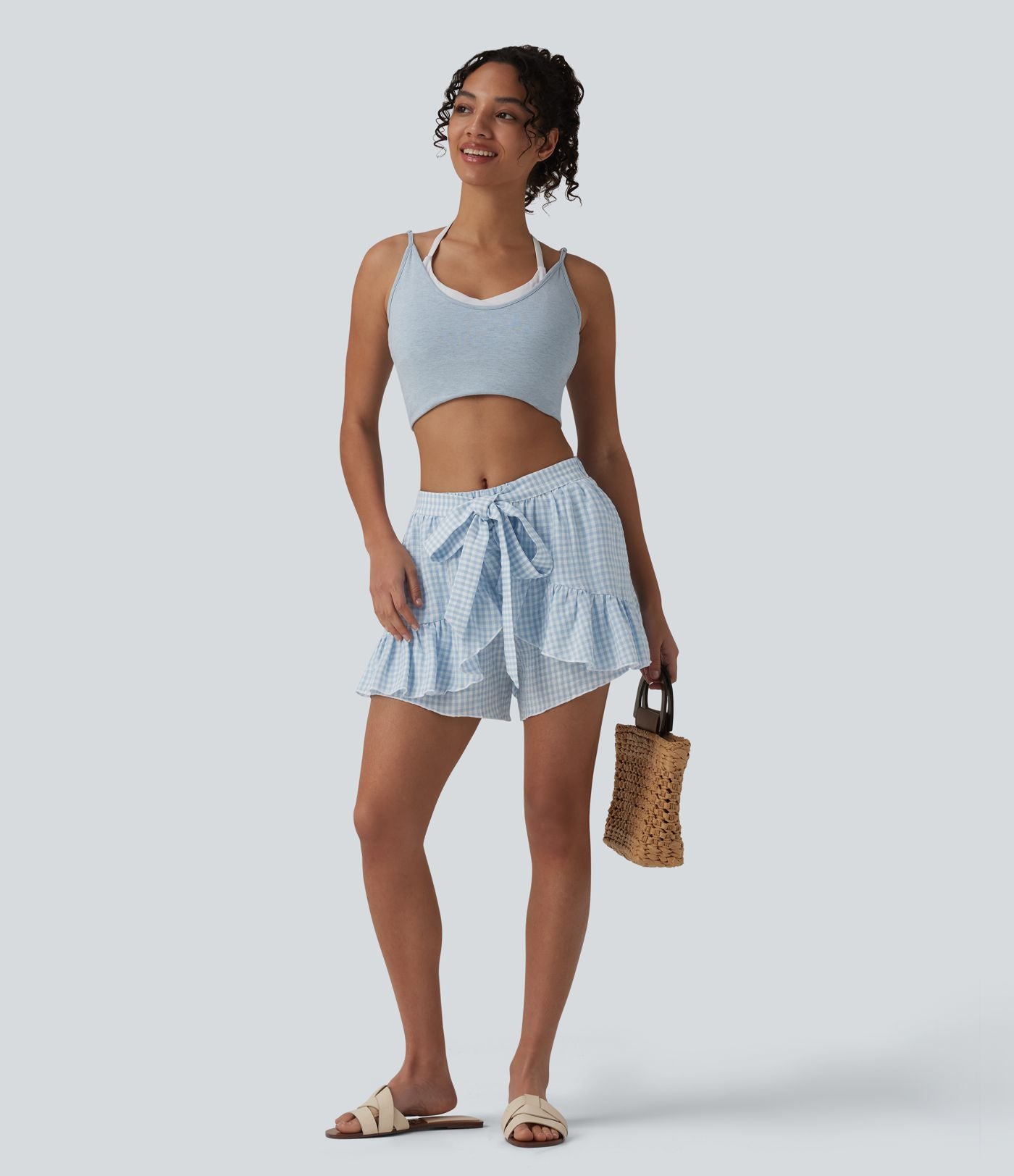 Short resort à volants en vichy aspect lin taille mi-haute avec nœud frontal et poches
