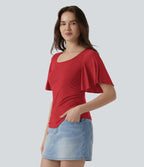 T-shirt décontracté maille côtelée col carré manches papillon froncé