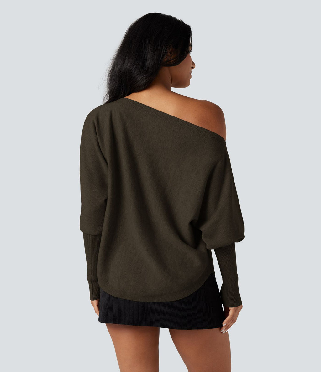 Pull une épaule manches chauve-souris ourlet arrondi
