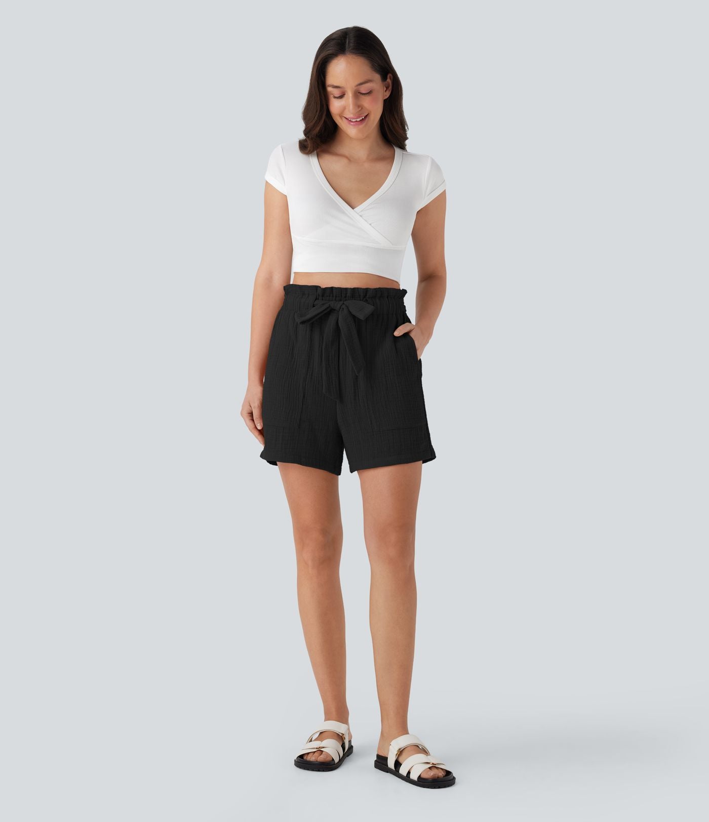 Short tailleur casual coton taille haute paper bag avec nœud devant et poches