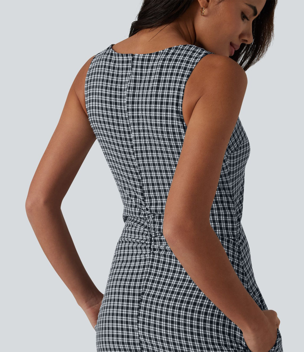 Robe mini casual sans manches col bateau à carreaux vichy, avec poches