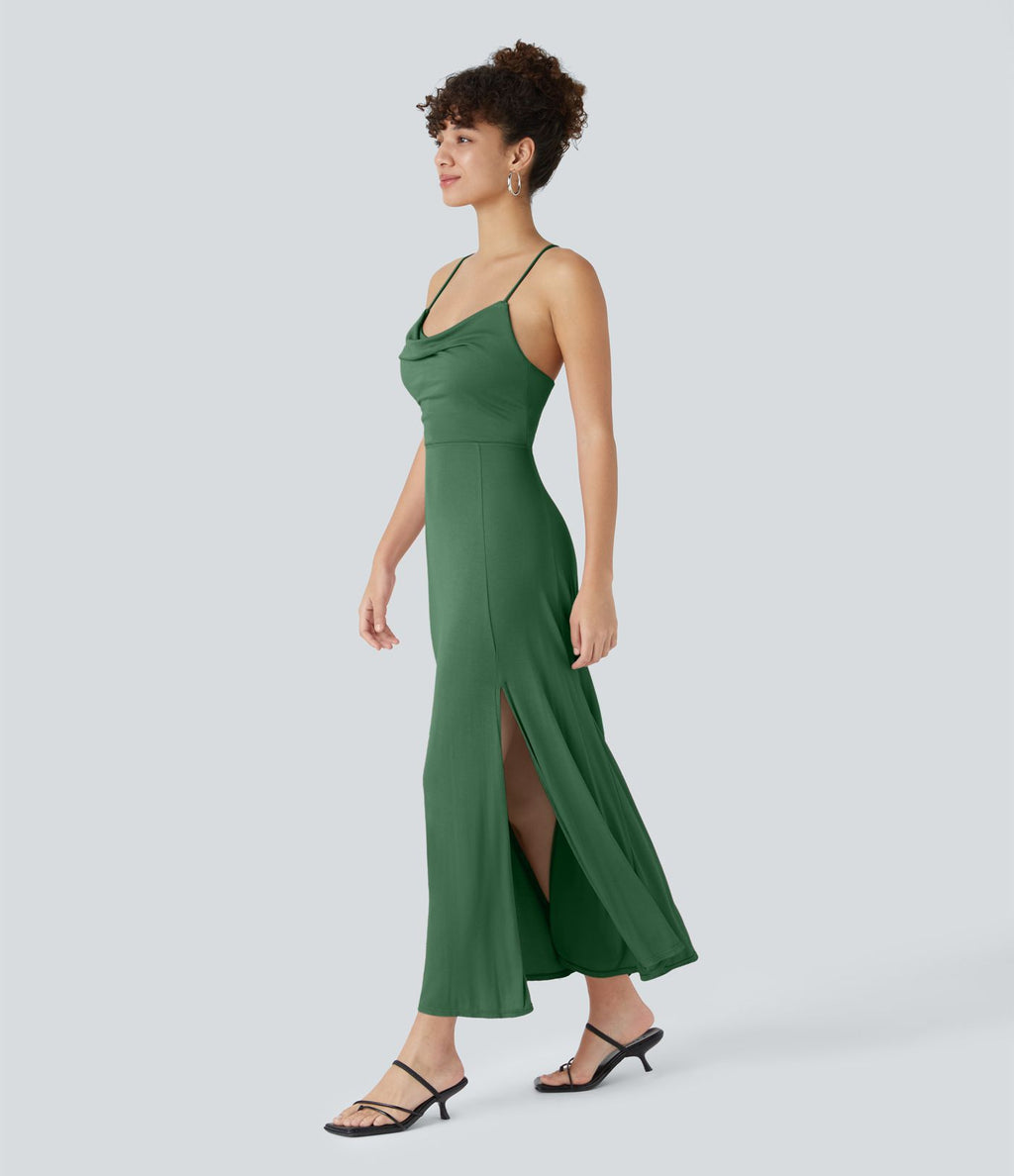 Robe Soirée Midi Encolure Côtelée Dos Nu Lacets Croisés Fendue