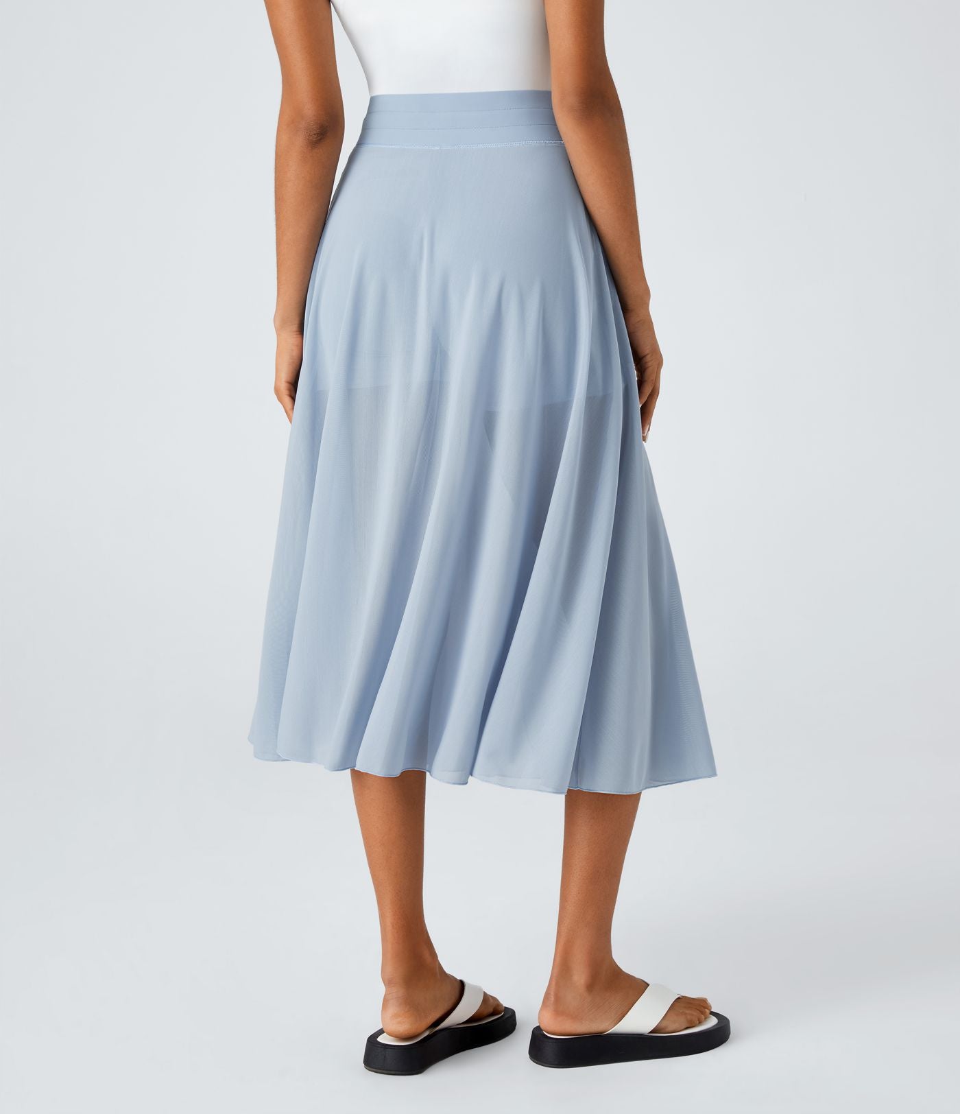 Jupe Casual Évasée Mesh Mi-Longue Fuide 2 en 1 Contrastée Taille Haute Cordon Poche Latérale