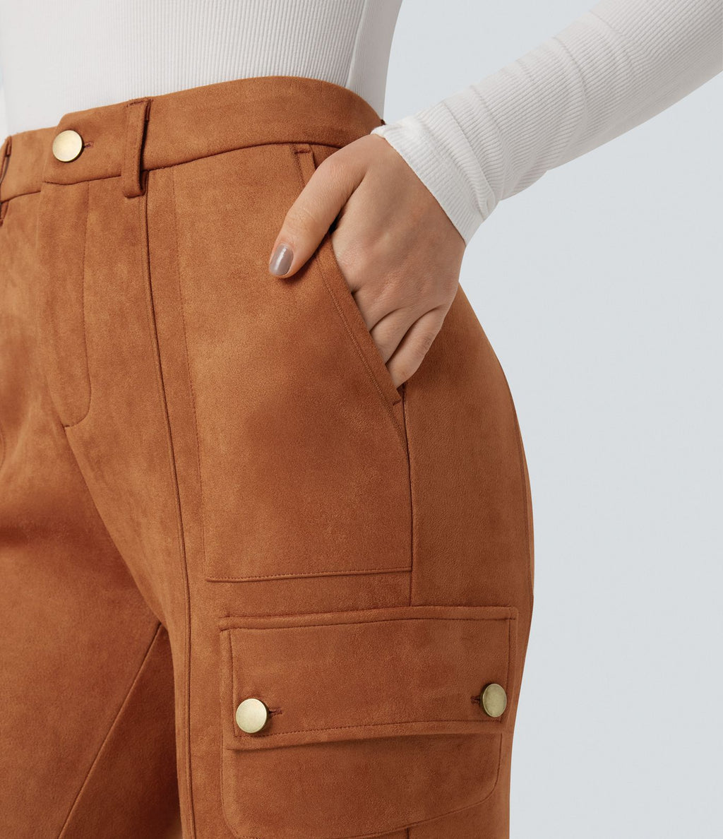 Pantalon cargo équestre en suède, taille haute, avec poches
