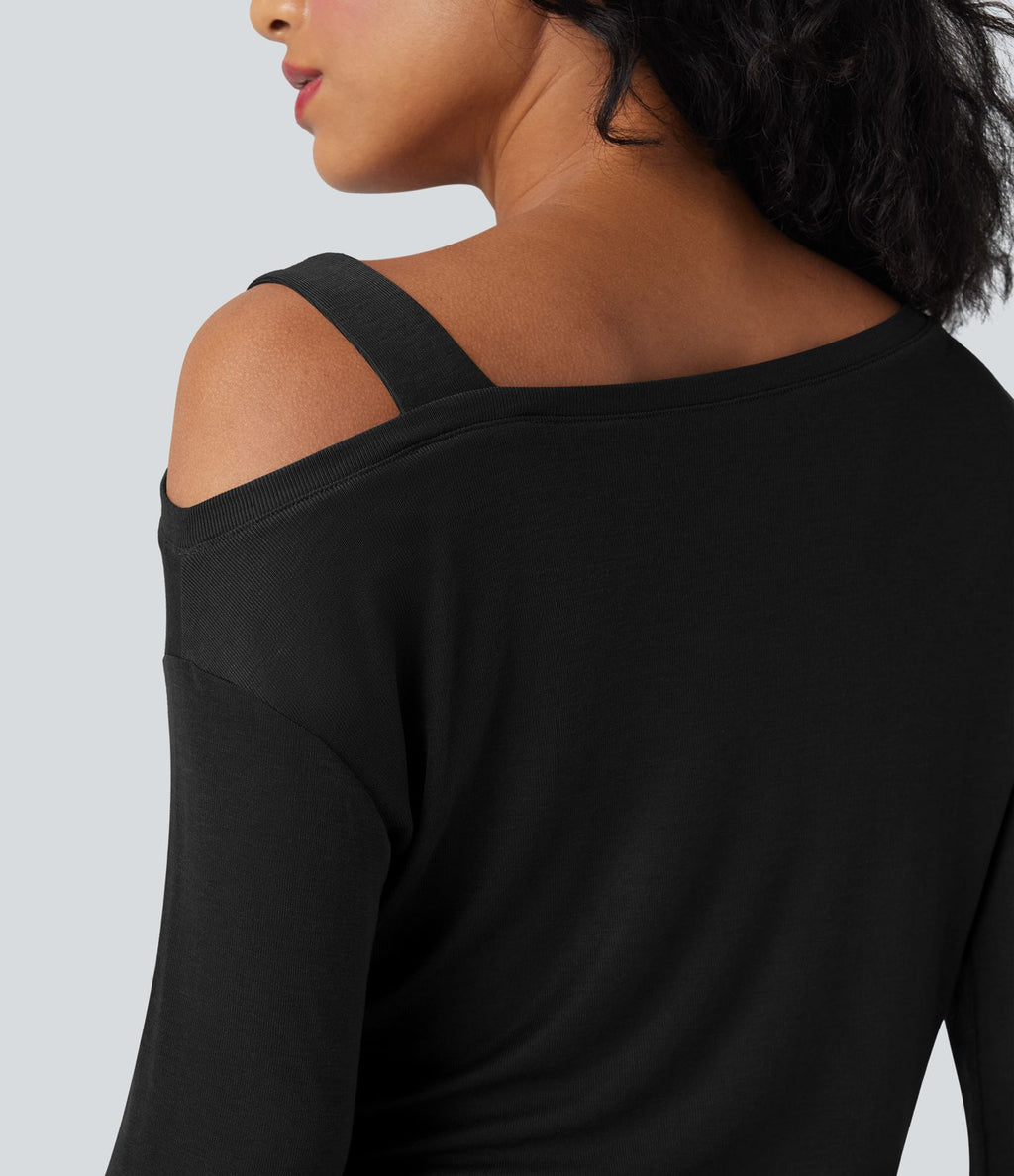 T-shirt décontracté asymétrique en mélange de laine à une épaule et manches longues