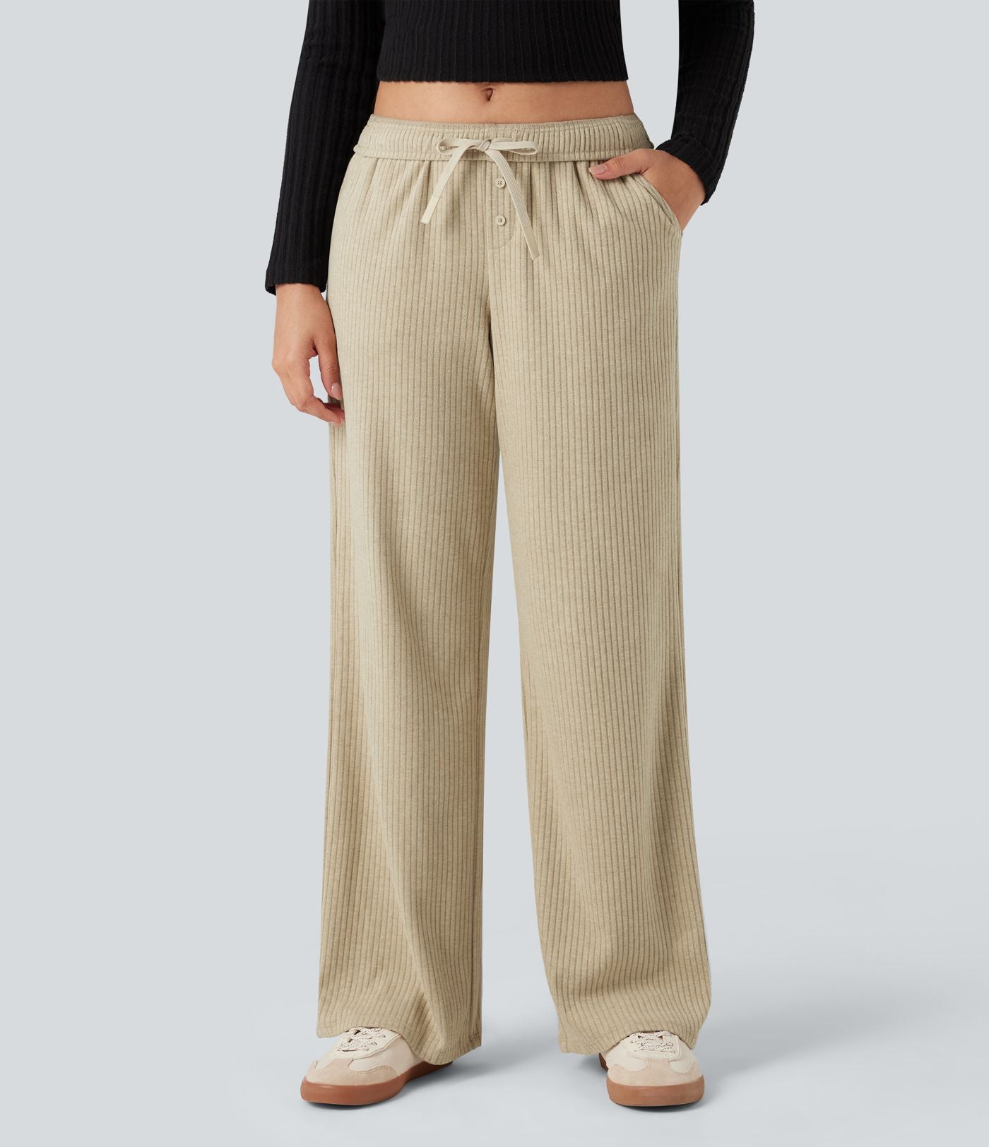 Pantalon large côtelé taille basse pliable avec cordon de serrage et poches