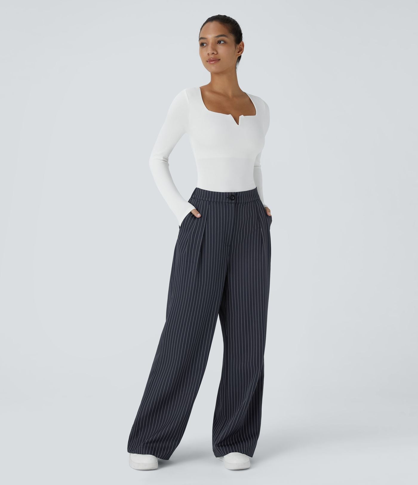 Pantalon Tailleur Large Fluide à Rayures, Taille Haute, Bouton et Fermeture Éclair, Poches Latérales