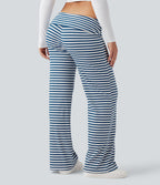 Pantalon évasé rayé taille basse à rabat