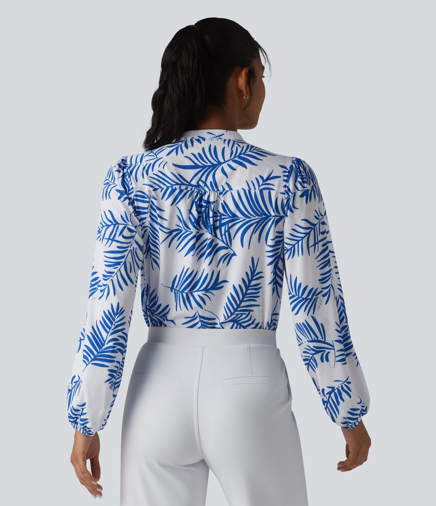 Blouse habillée col V manches longues imprimé tropical botanique