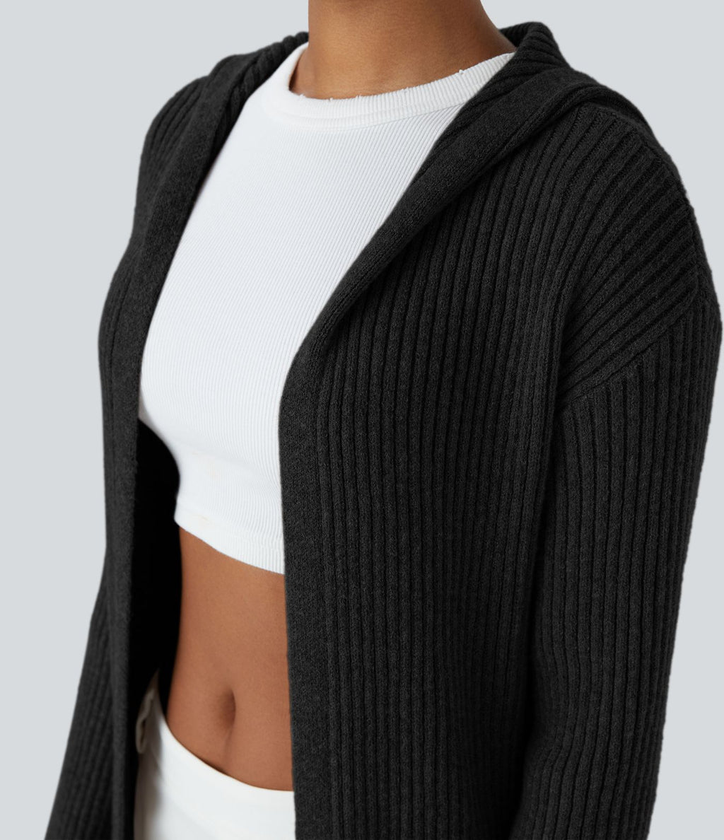 Cardigan long casual à capuche, manches longues et poches