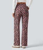 Pantalon large décontracté taille haute croisé imprimé léopard en tissu gaufré avec poches