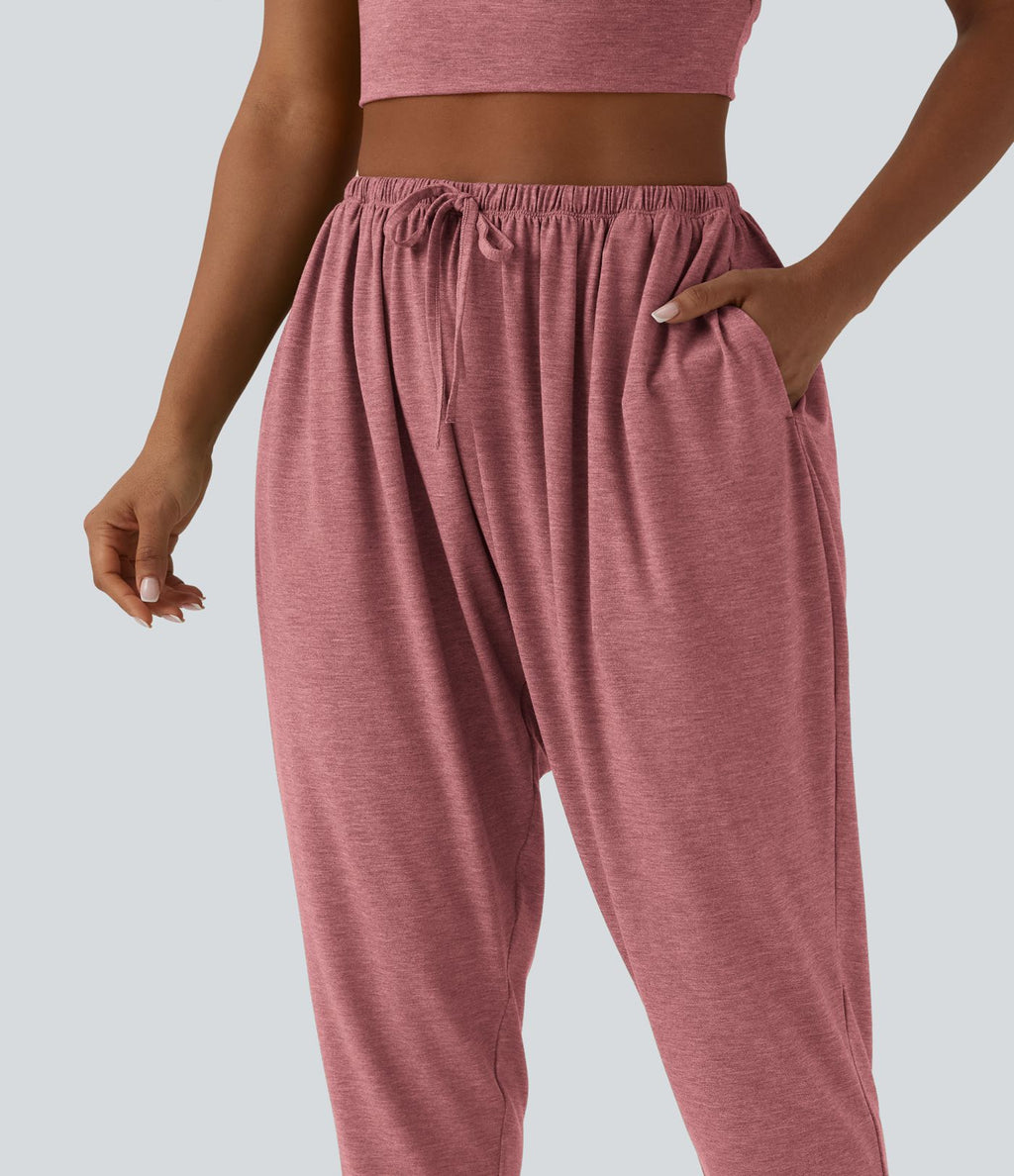 Pantalon sarouel décontracté chiné taille haute avec cordon de serrage et poches