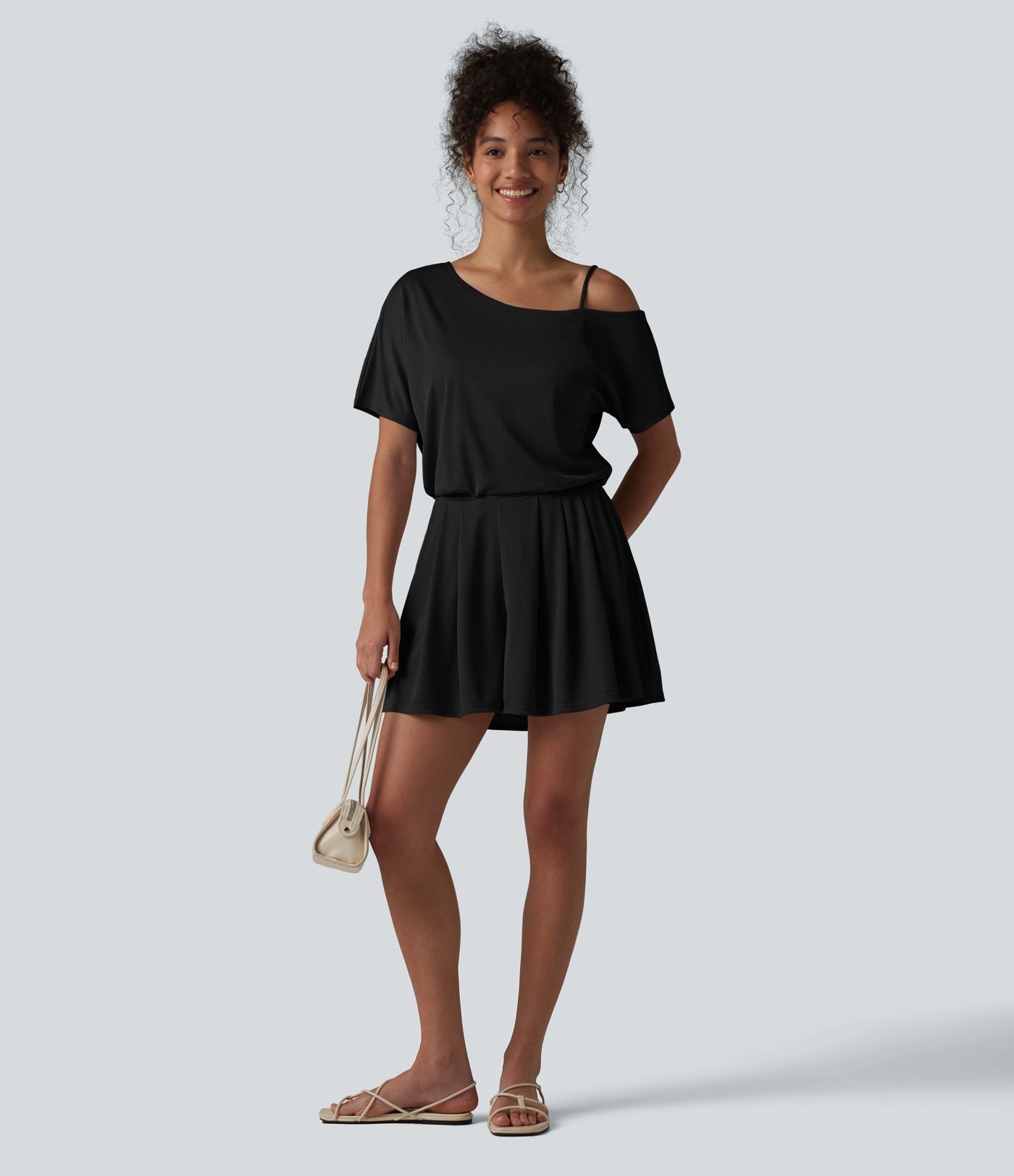 Combishort casual asymétrique manches courtes plissé en nid d'abeille avec poches - Édition Easy Peasy