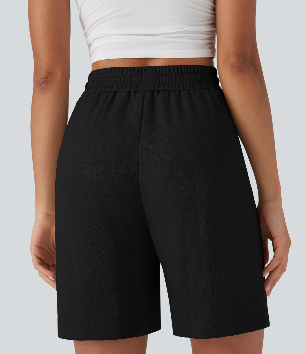 Short décontracté effet lin taille haute avec cordon de serrage et poches latérales
