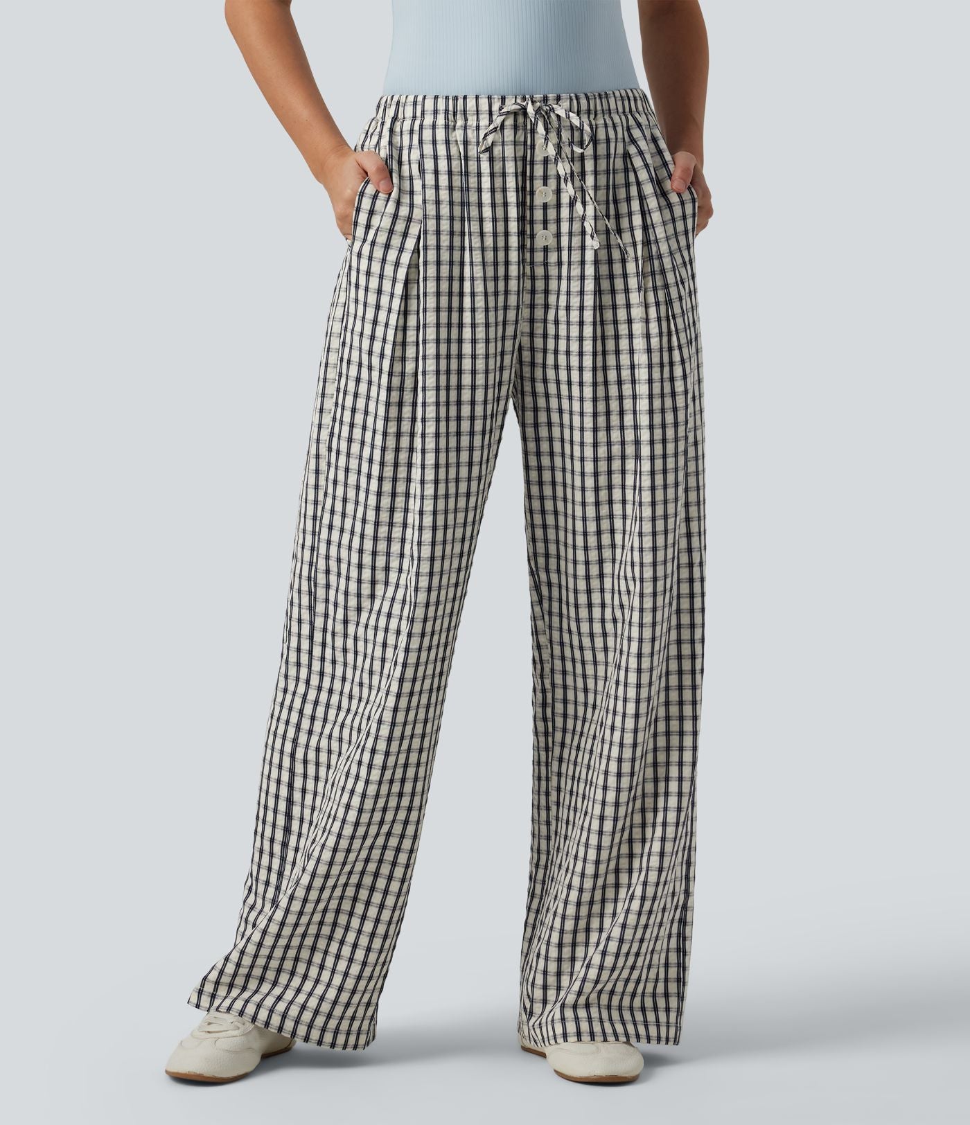 Pantalon large décontracté à carreaux taille mi-haute avec cordon de serrage et poches