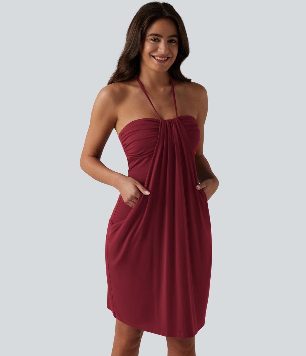 Robe mini dos nu à bretelles, brassière intégrée et poches