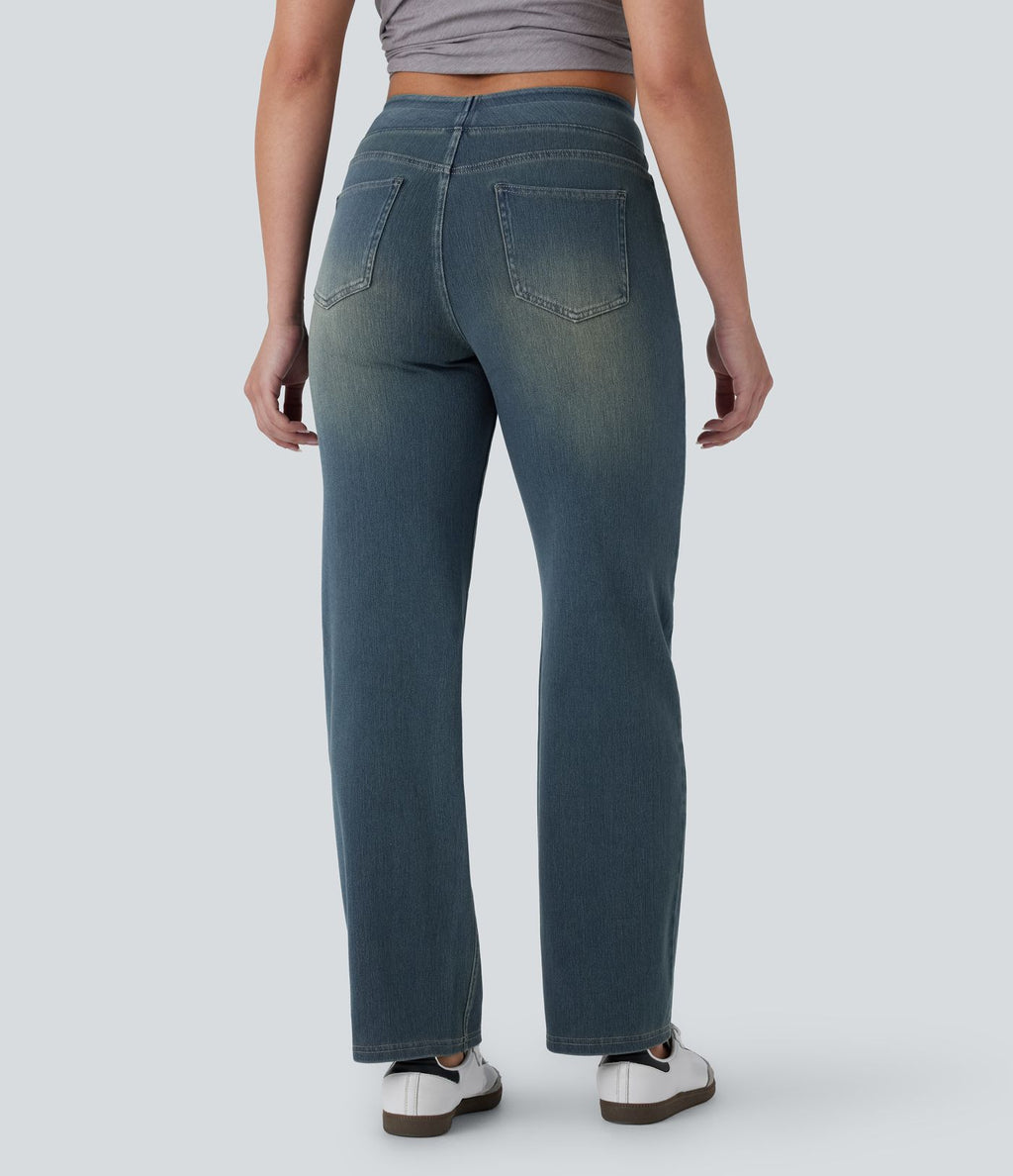 Jean décontracté Halara Flex™ taille haute, extensible, délavé, jambes droites avec poches multiples