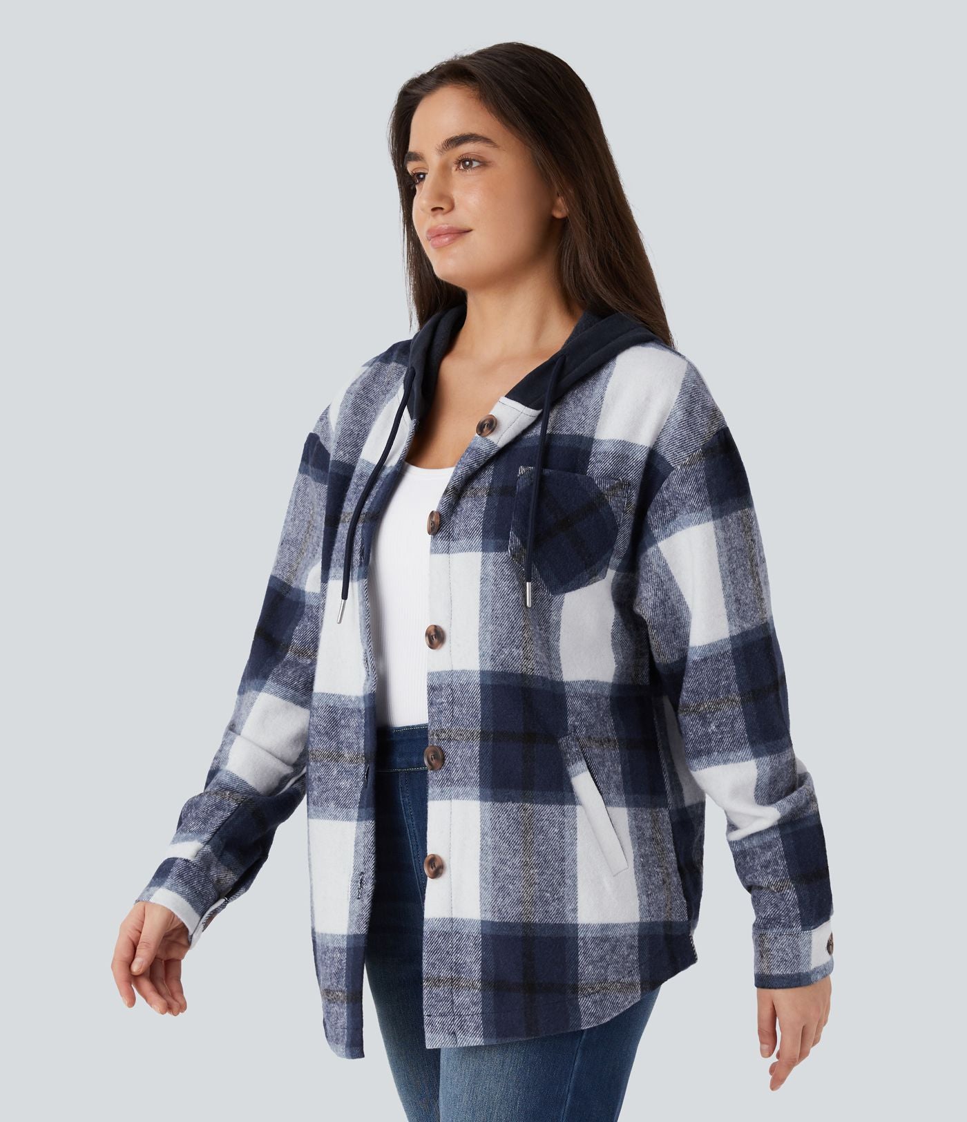 Veste de Casual à Carreaux en Polaire à Capuche avec Cordon de Serrage Boutons et Poches Latérales